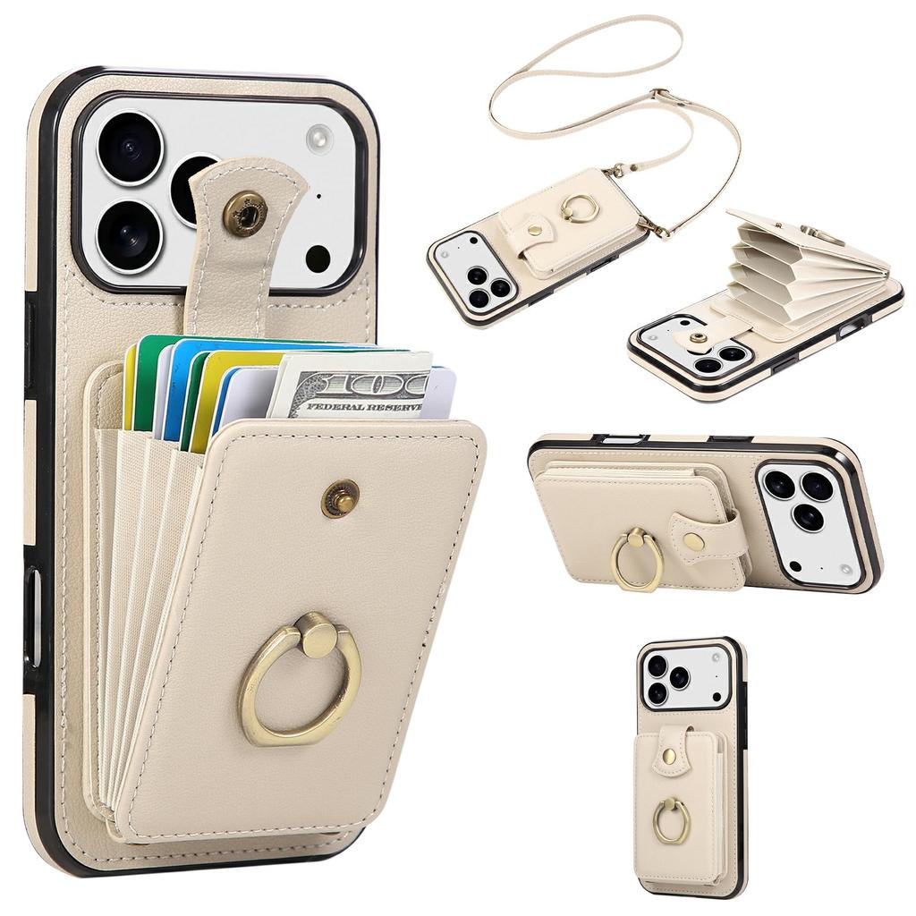 For iPhone 17 Pro Max Case Card Holder Ring Kickstand TPU+PU Leather Phone Cover with Long Strap