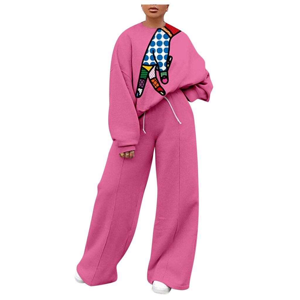 Fashion Keep Warm Winter Womens Printed Long Sleeve Tops+Long Pants 2 Piece Set