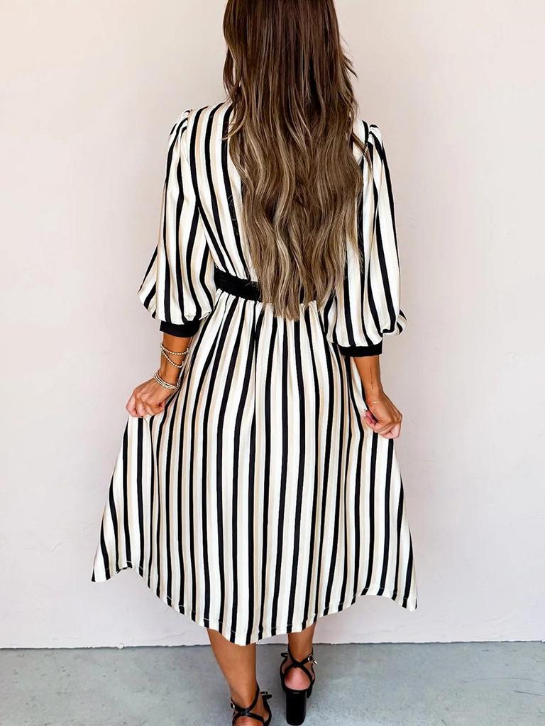 2025 Winter Stripe Print Lapel Shirt Dress for Women - Elegant European & American Style, Waist-Cinching Design