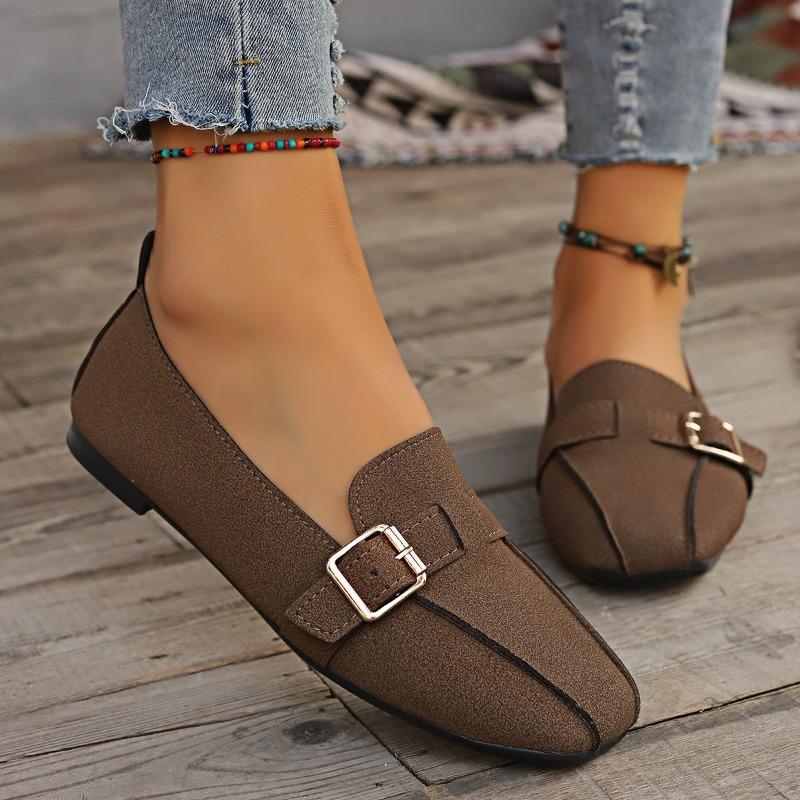 Fashion Square Toe Flat Single Shoes Women's New Suede Metal Buckle Soft Sole Anti-slip Wear-resistant Low-top Shoes
