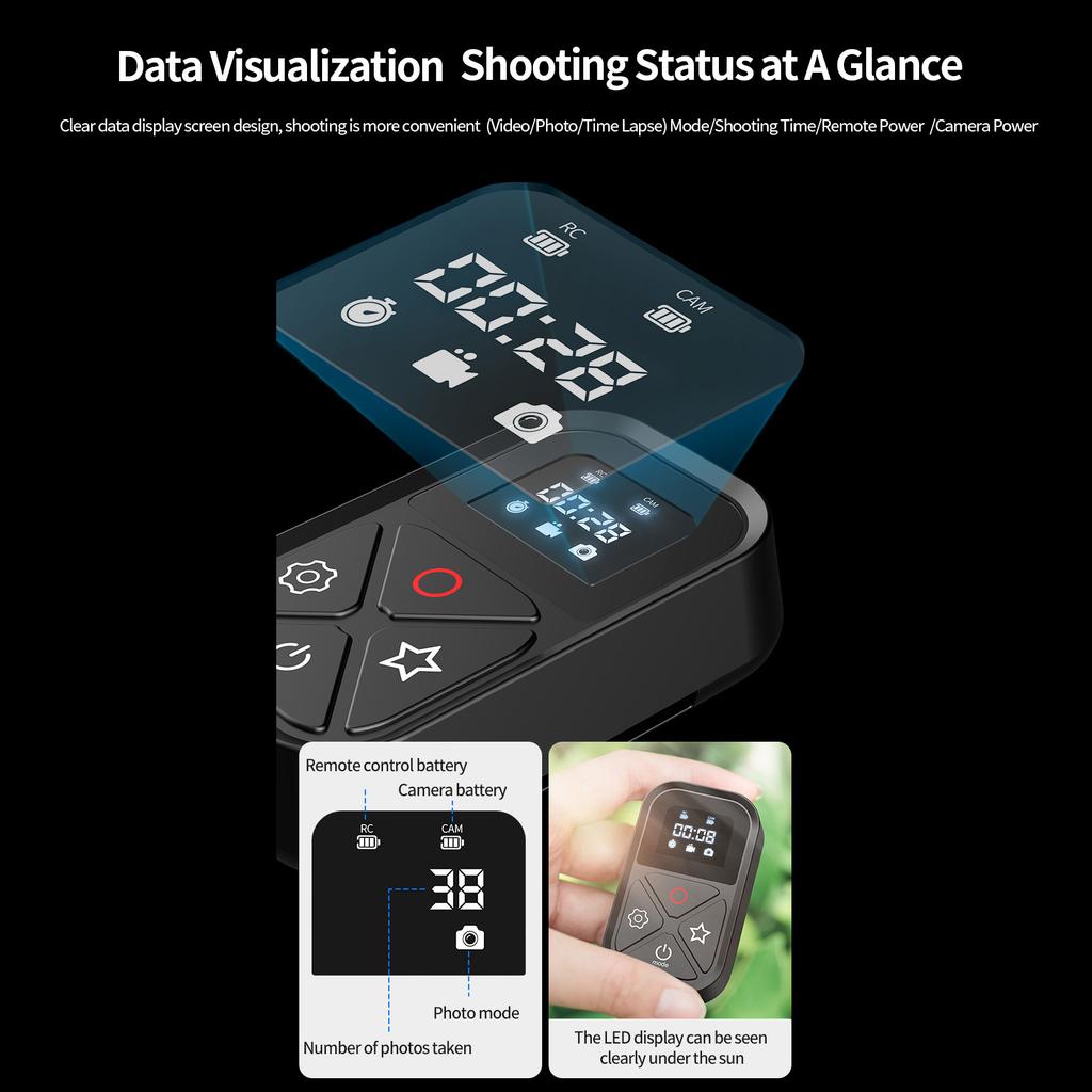 TELESIN GP-RMT-T10 Wodoodporny inteligentny bezprzewodowy pilot zdalnego sterowania BT z wyświetlaczem LED 80 metrów