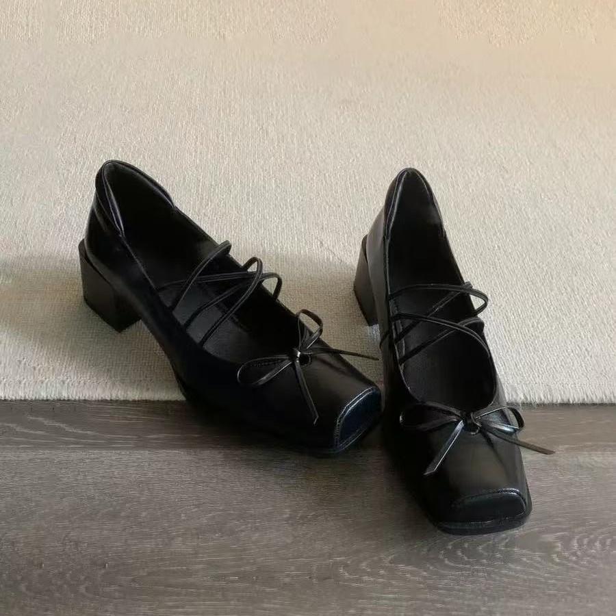 Sheepskin version~ 2025 spring and autumn new single shoes women's thick heel pig nose leather bow thick heel ballet shoes women