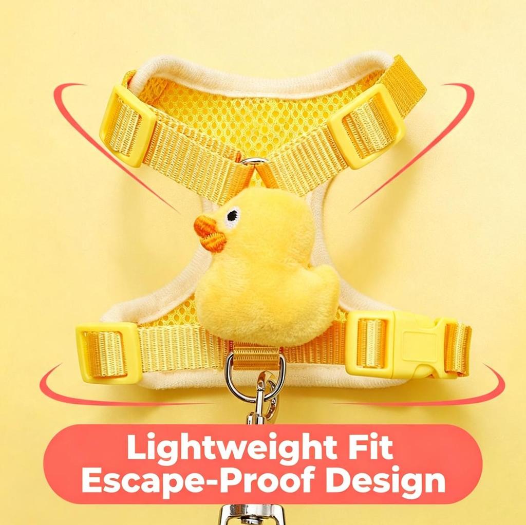 Dog and Cat Harness and Leash Set, Yellow Duck Design, Small, Adjustable, Escape-Proof