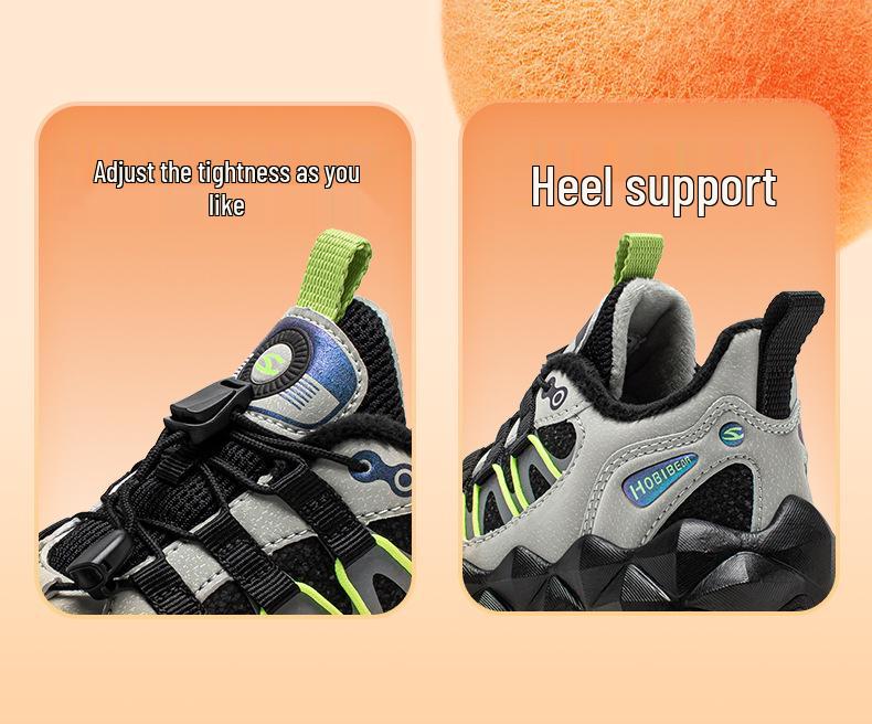 Happy Bear Plush-Lined Boys' Winter Cotton Sports Shoes - Lightweight, Cold-Resistant, Two-Layer Outdoor Running Shoes