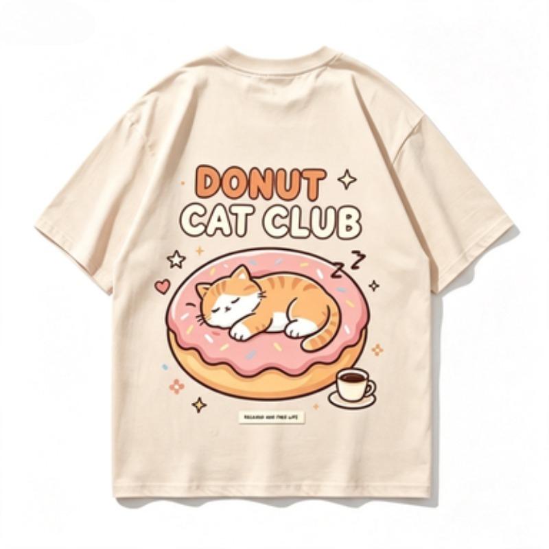 Donut Cat Club Graphic Tshirt Unisex Cute Sleeping Cat Donut Print Oneck Short Sleeve Loose Casual Summer Streetwear Tops