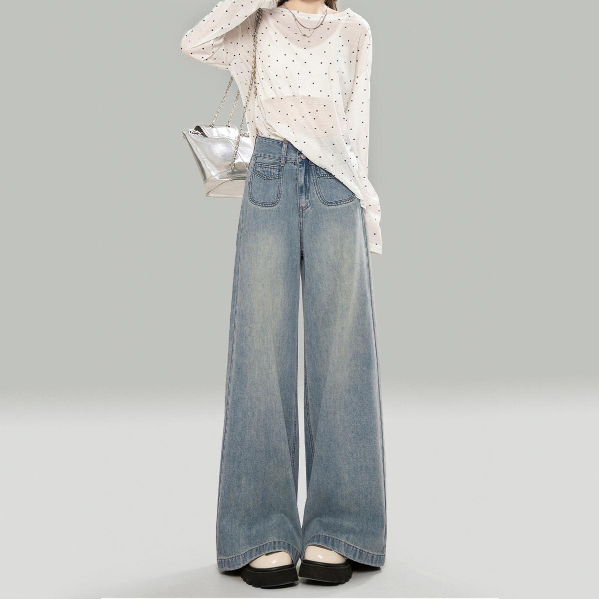 

Светло-голубые джинсы с высокой посадкой свободного кроя для женщин на весну, осень, зиму, прямые, широкие джинсы XL светло-синий