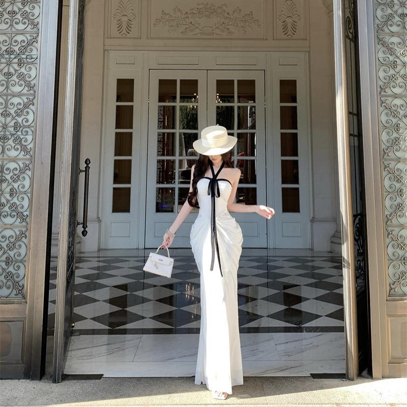 French Beautiful Vacation Style Sexy Style Neck Streamer Dress Women's White Long Dress Light Luxury Banquet Evening Dress Dress