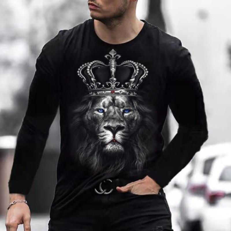 European American men's casual T-shirt with fierce animal 3D digital printing loose men's round neck long sleeved T-shirt