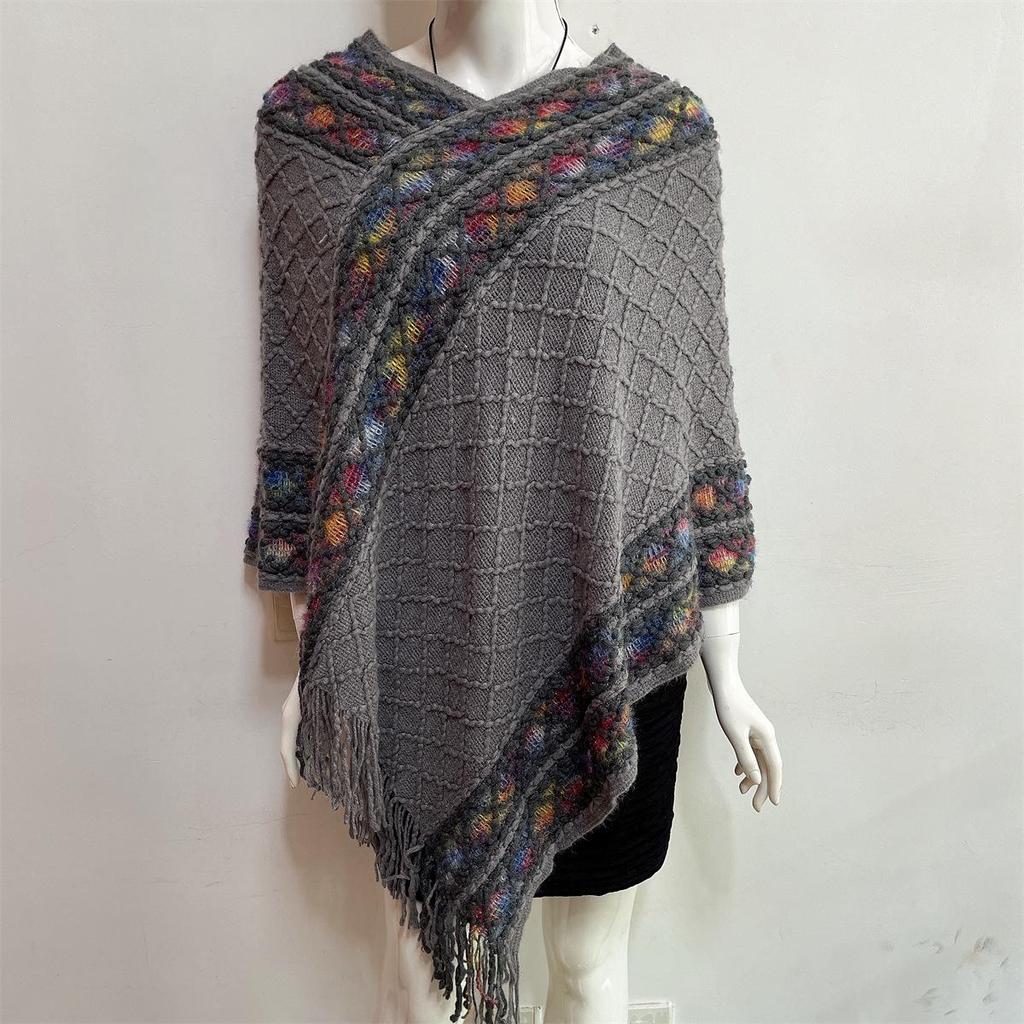 2022 Autumn/Winter Women's V-Neck Rainbow Tassel Cape Sweater