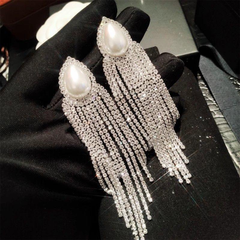 Super Flash Luxury Long Tassel Earrings Bridal Wedding Dress Banquet Dress Earrings Classy Sense