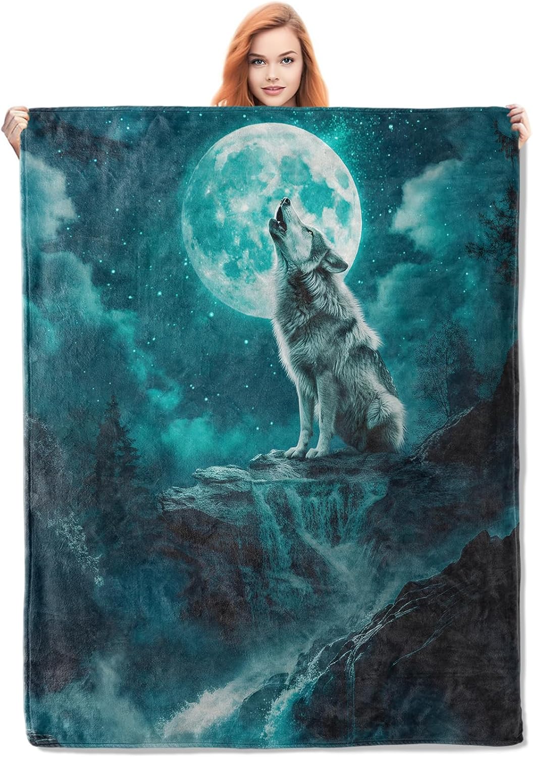 Wolf Blanket, Wolf Howling Flannel Throw Blankets,Soft Warm Lightweight Cozy Plush Animal Moon Throws for Bedroom Sofa Office 75X95CM