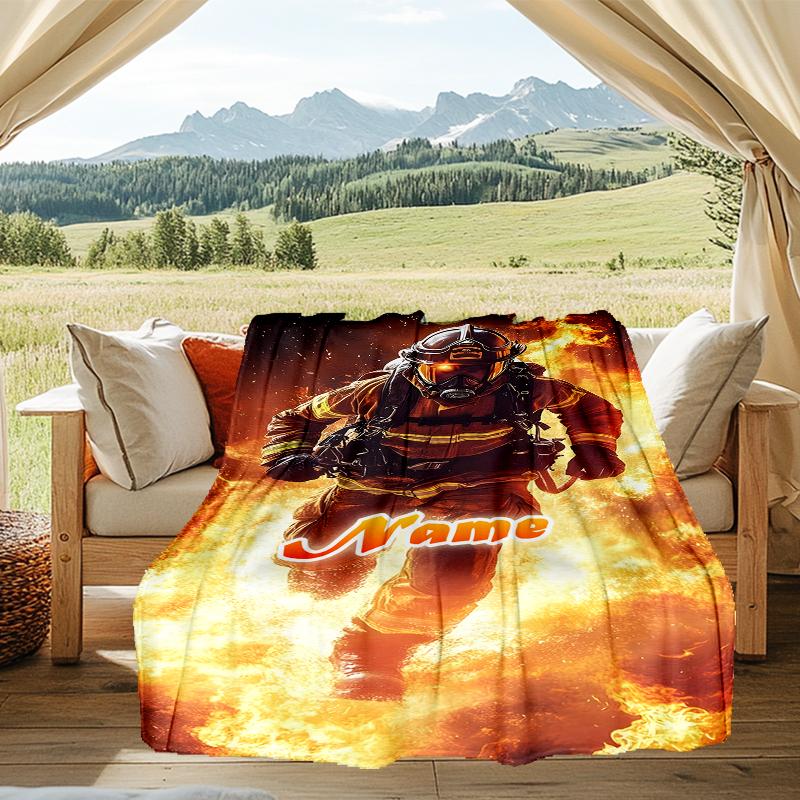 1PC Custom Name Firefighter Bravery Flames Outdooor Flannel Blankets Throw Blanket All-Season Throw Gift Bedspread for Couch, Bed, Camping Holiday Bir