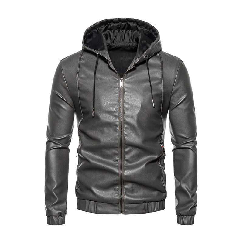 Herrskinnjacka PU-läderjacka Herrhuva Slim Fit Koreansk Stil Motorcykel Casual Jacka
