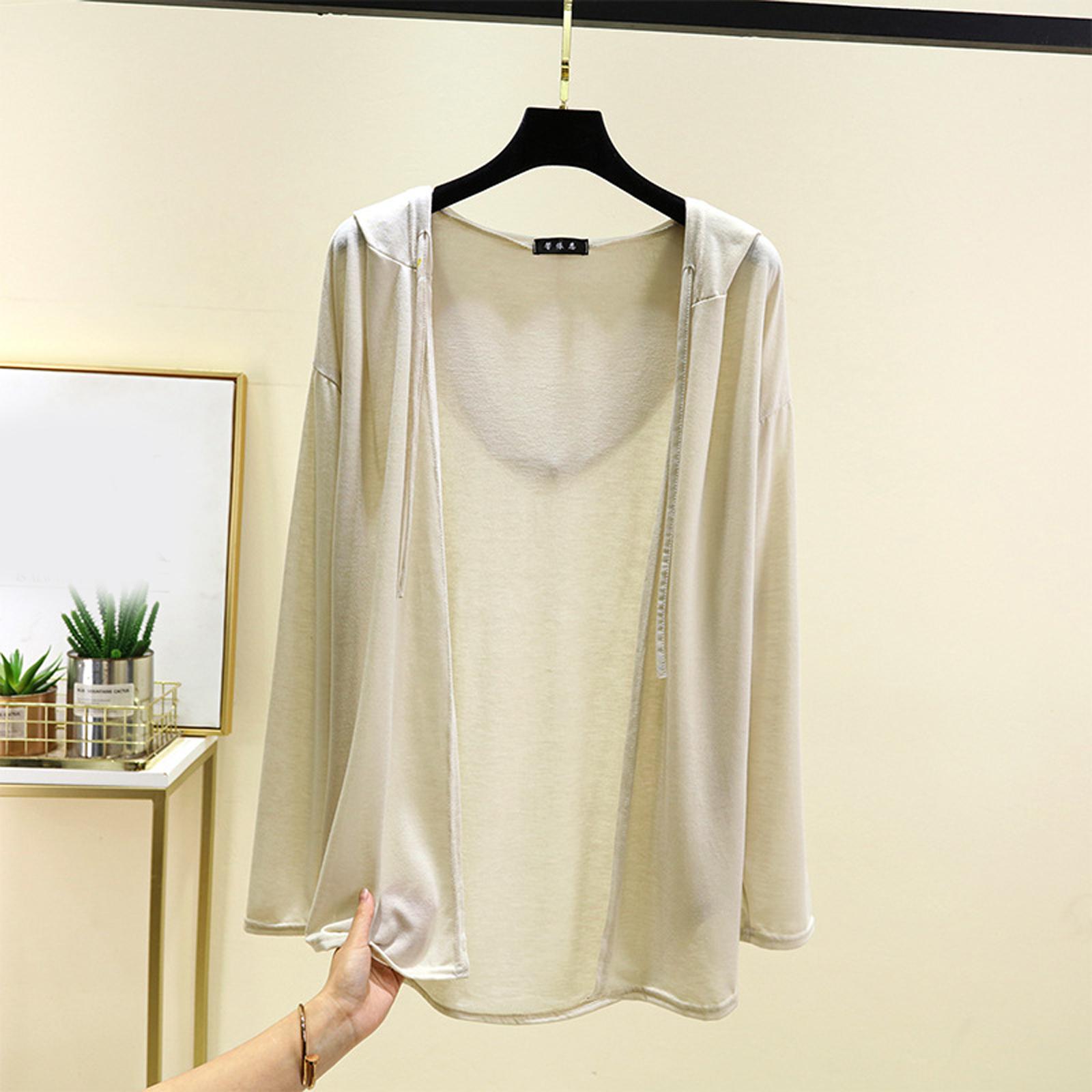 Women s Summer Hooded Long Sleeved Cardigan Oversized Top Shawl Thin Jacket L бежевый