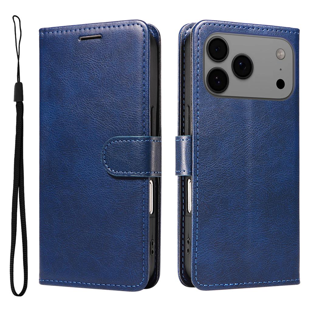 For iPhone 17 Pro Max Leather Wallet Case with Strap Solid Color Phone Stand Cover