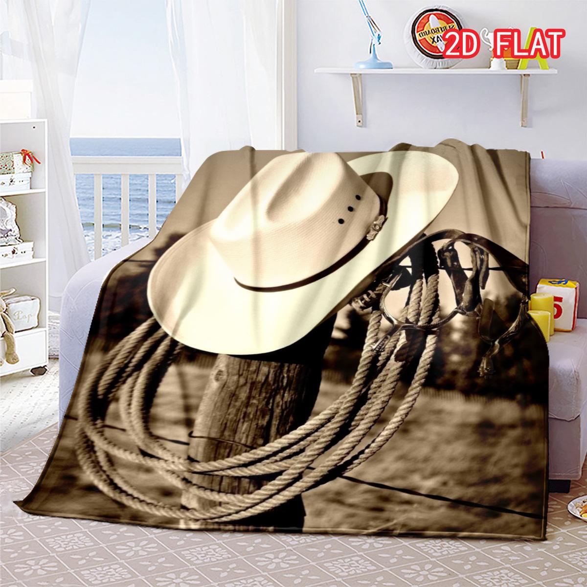 Vintage Western Rodeo Gear Blanket, Retro Cowboy Hat & Rope Themed Soft Cover 80cm x 120cm