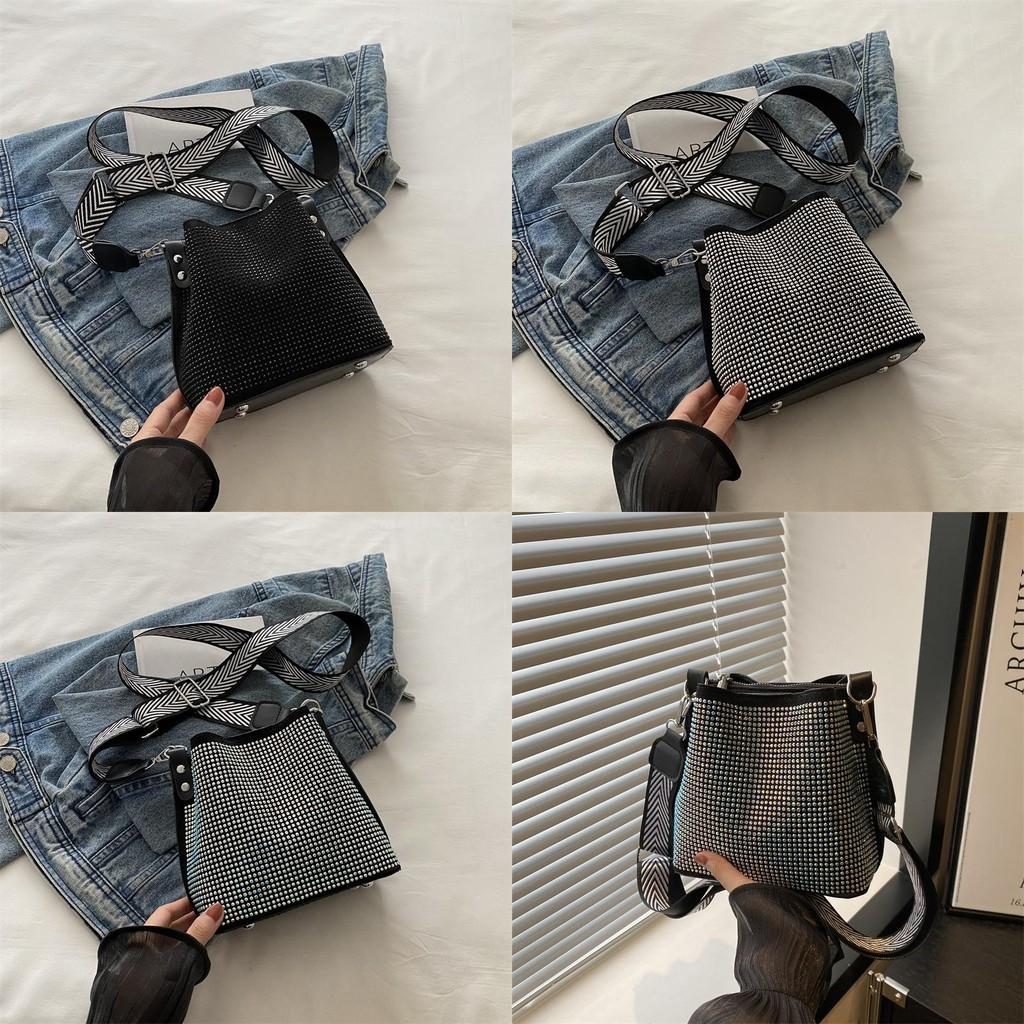 Stylish Fall Bucket Bag Sparkling Rhinestones Fashionable Commuter Shoulder Bag In Black Silver And Colorful Options