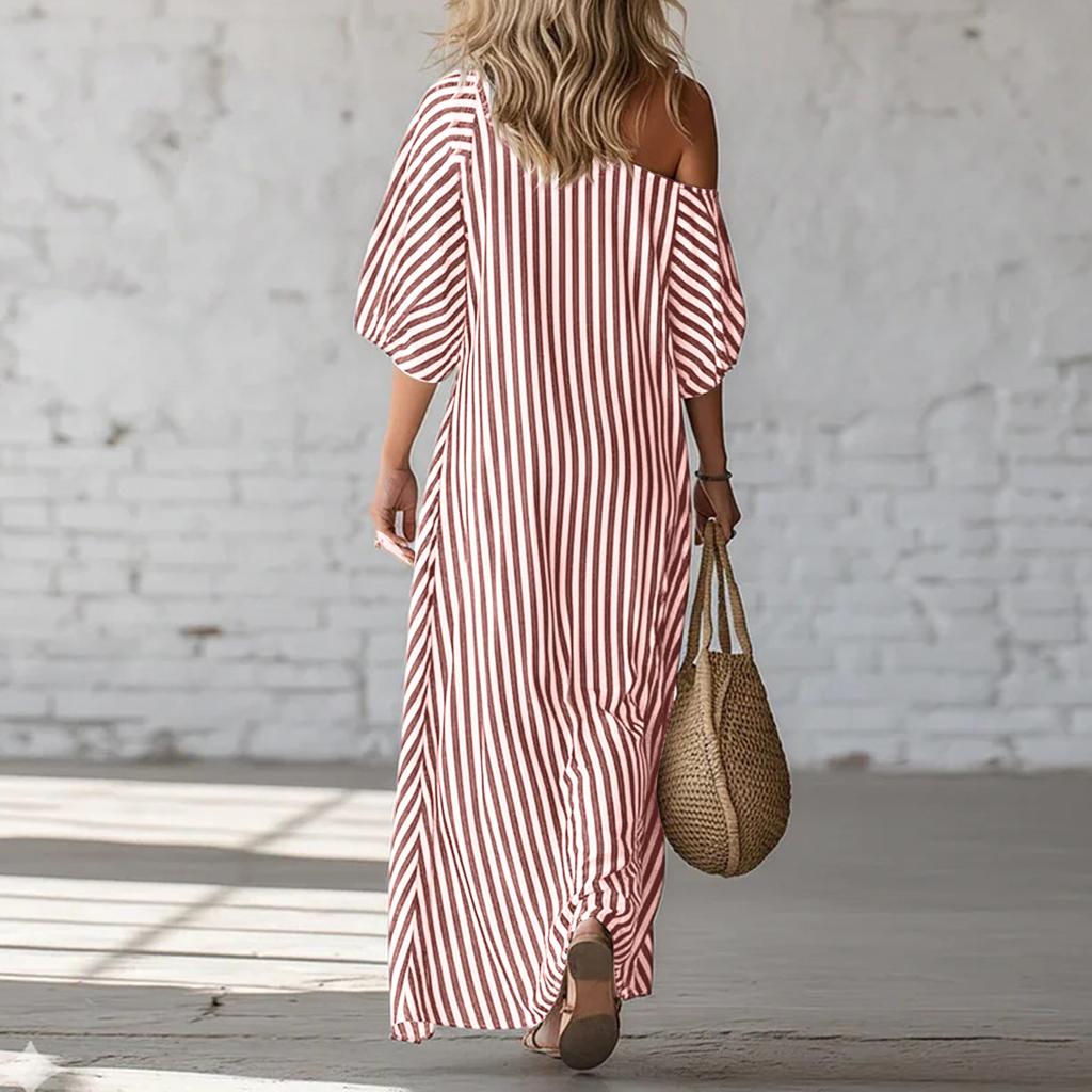Ladies' Striped Elegant Casual Fashionable Off Shoulder Dress