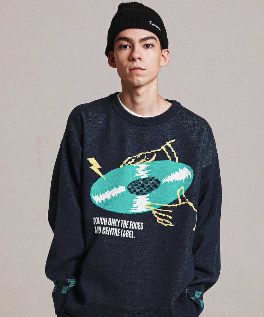 STAGE NAME Retro Record Oversized Knit Sweater_Navy