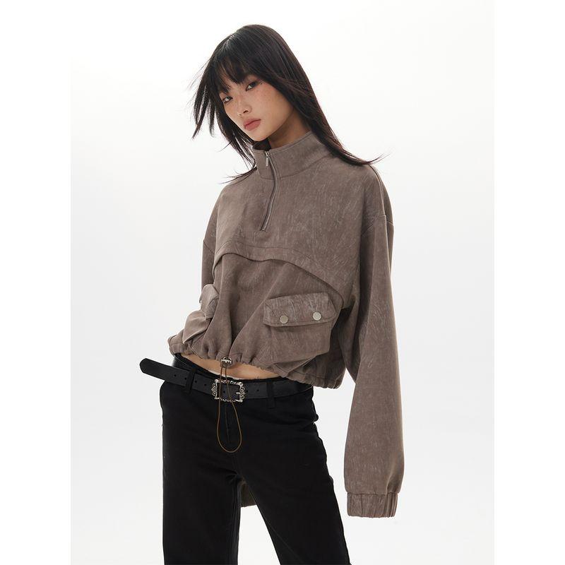 

Легкий свитер с коротким рукавом, высоким воротником на молнии и лацканами, женский, новый, для осени и зимы, тяжелый, на кулиске, в ретро-дизайне Camel color L