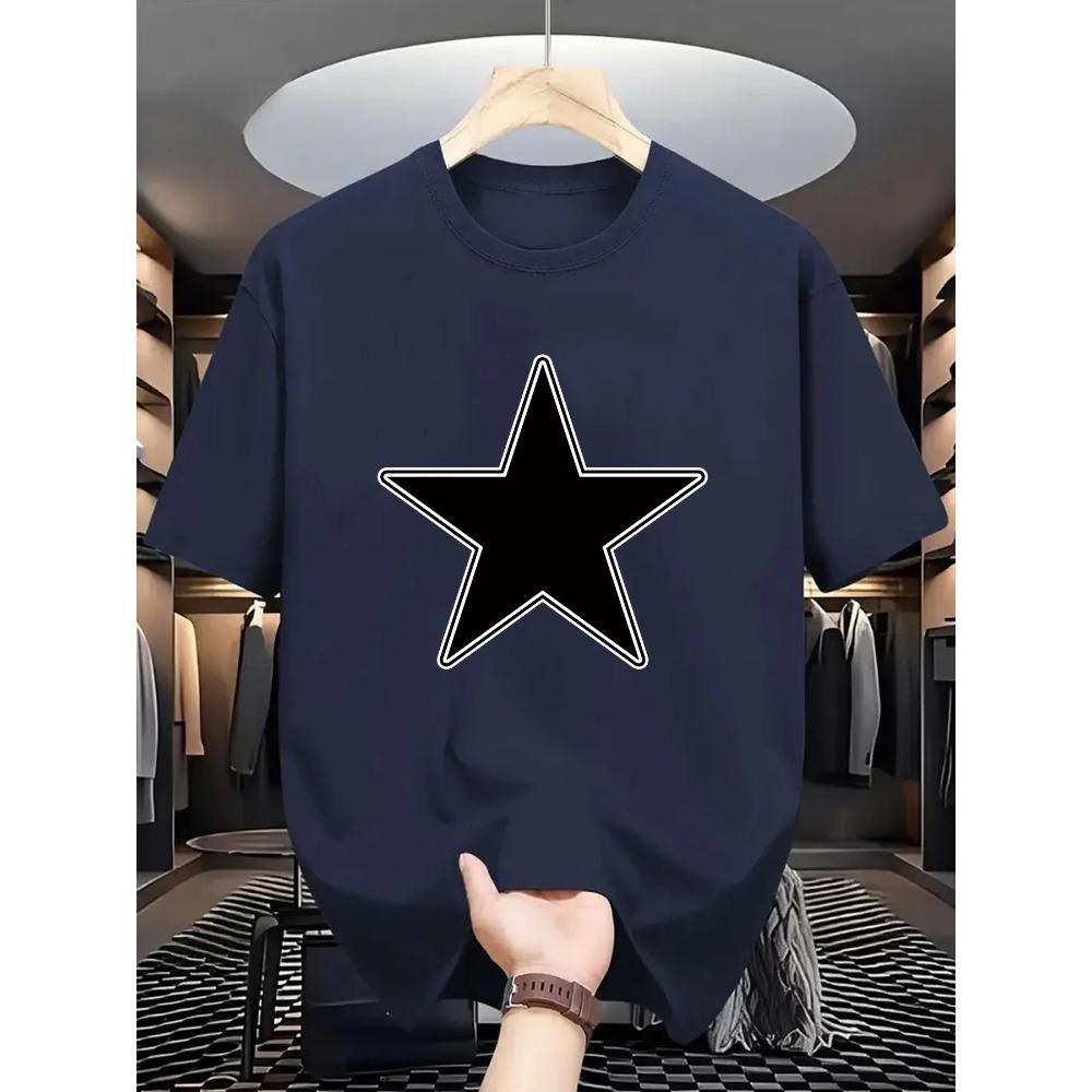 [Ležérní tričko s hvězdným potiskem] Pohodlné tričko s hvězdným potiskem - Pánské ležérní tričko s kulatým výstřihem a geometrickým designem, Pěticípá hvězda,