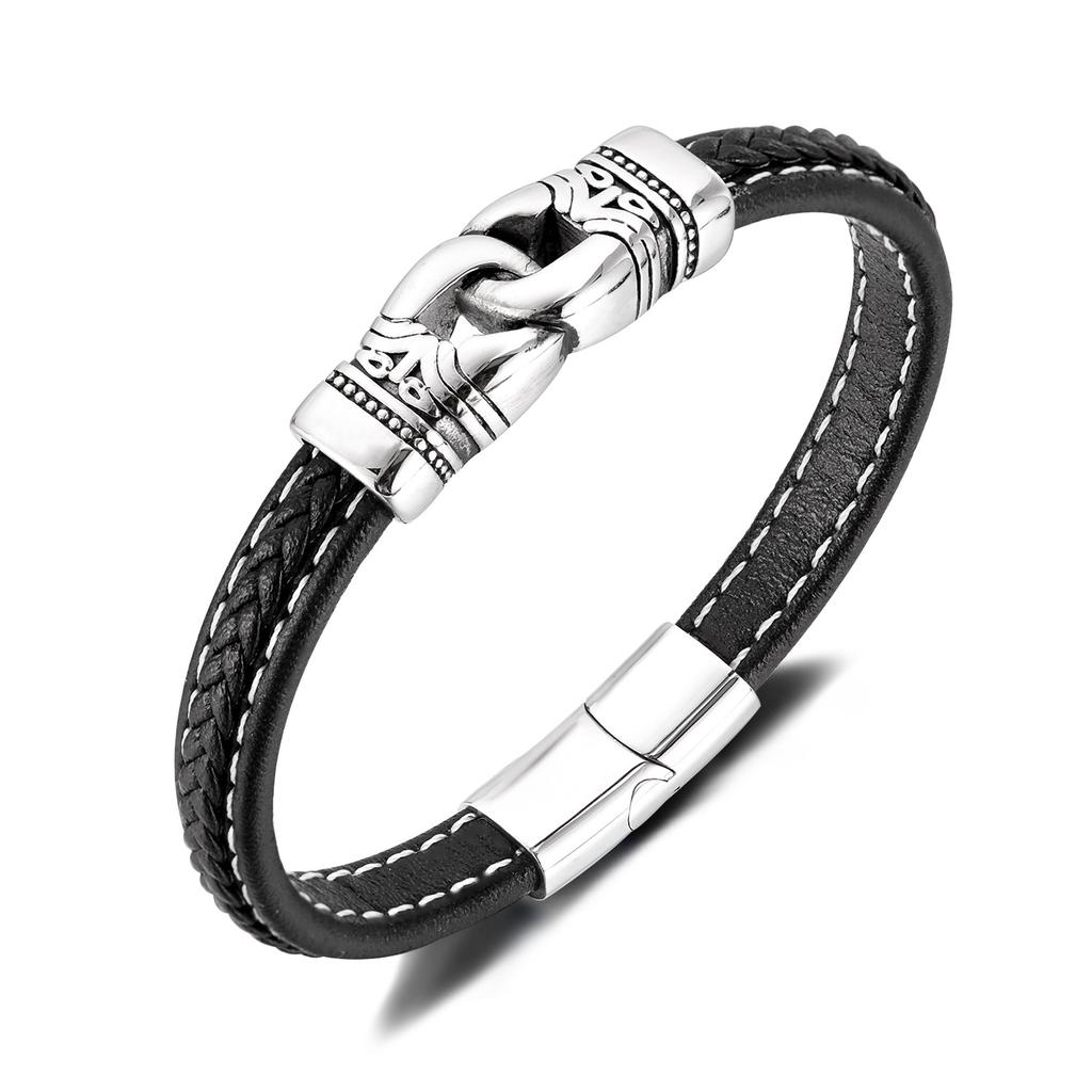 Men’s Punk Style Leather Bracelet – Stainless Steel OPK Fashion Braided Wristband
