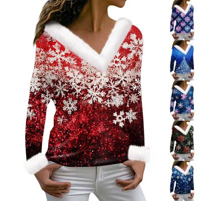 Women's Fashion Long Sleeve Christmas Printed Party Plush V-Neck Casual Top