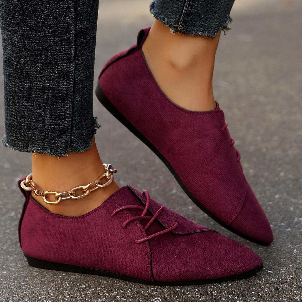 Large Size Shallow Single Shoes Spring and Summer New Pointed Suede Lace-up Flat Casual Single Shoes