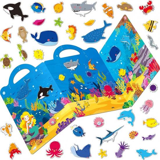 Reusable Jelly Sticker Book, 36 Wild Animals Thick Jelly Stickers Waterproof Gel Cling Decals Animals Theme Matching Game Activity Books Educational Marine Animals
