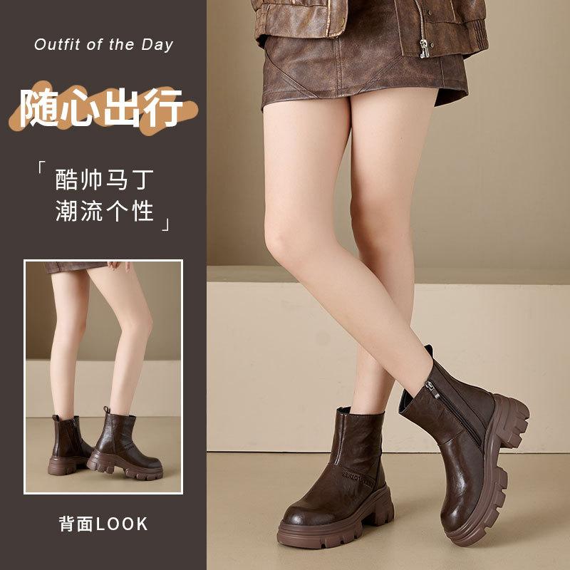 2025 autumn and winter platform leather Martin boots women's versatile British style thin boots round head high heel short boots
