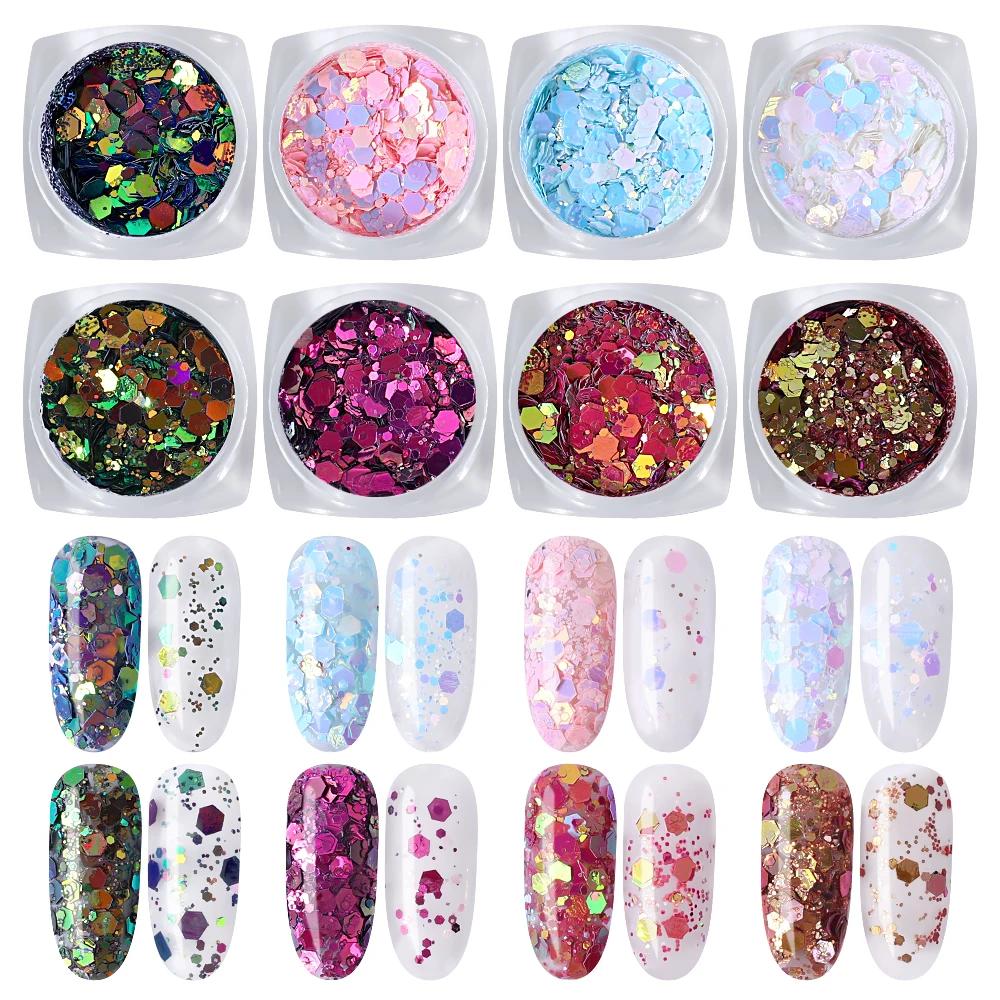 3D Glitzernde Nagelpailletten Laser Gemischtes Nagelglitzer Sechseckige Flocken Pulver Pailletten Schimmernde Bunte Nagel Flocken DIY Nageldekoration