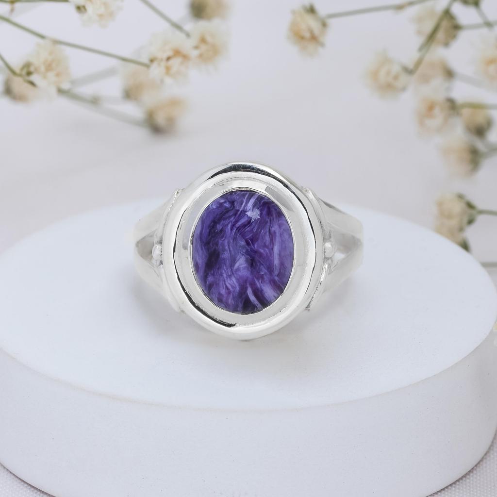 Charoite Gemstone Ring – Vintage Style 925 Sterling Silver Handmade Ring for Women – Russian Stone of Transformation
