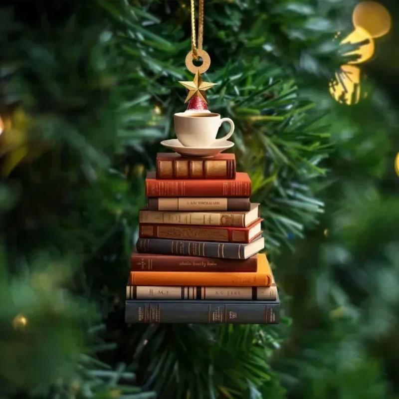 2026 Christmas Tree Shape Bookshelf Pendant, 2D Acrylic Flat Books Stacked Christmas Ornaments Home Decoration Party Supplies