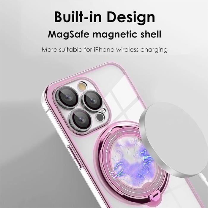 Coque Silicone Transparent pour iPhone 16 Pro Max avec Support Magnétique - Protection Antichoc Rose