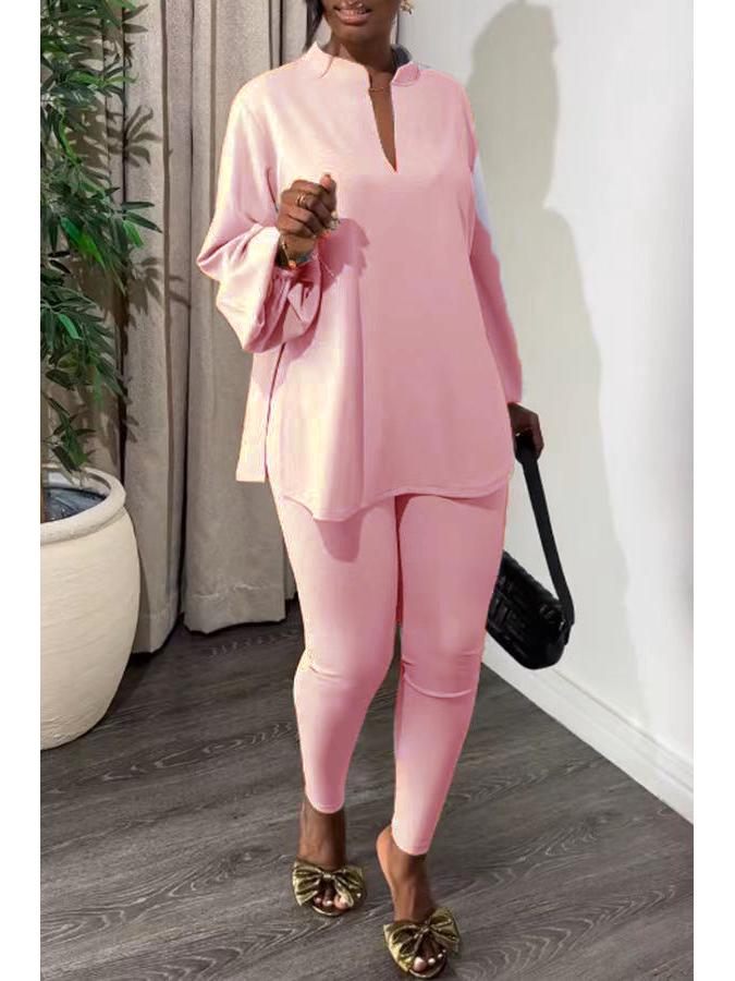 Elegant Two-Piece Set: V-Neck Split Top & Solid Color Skinny Pants