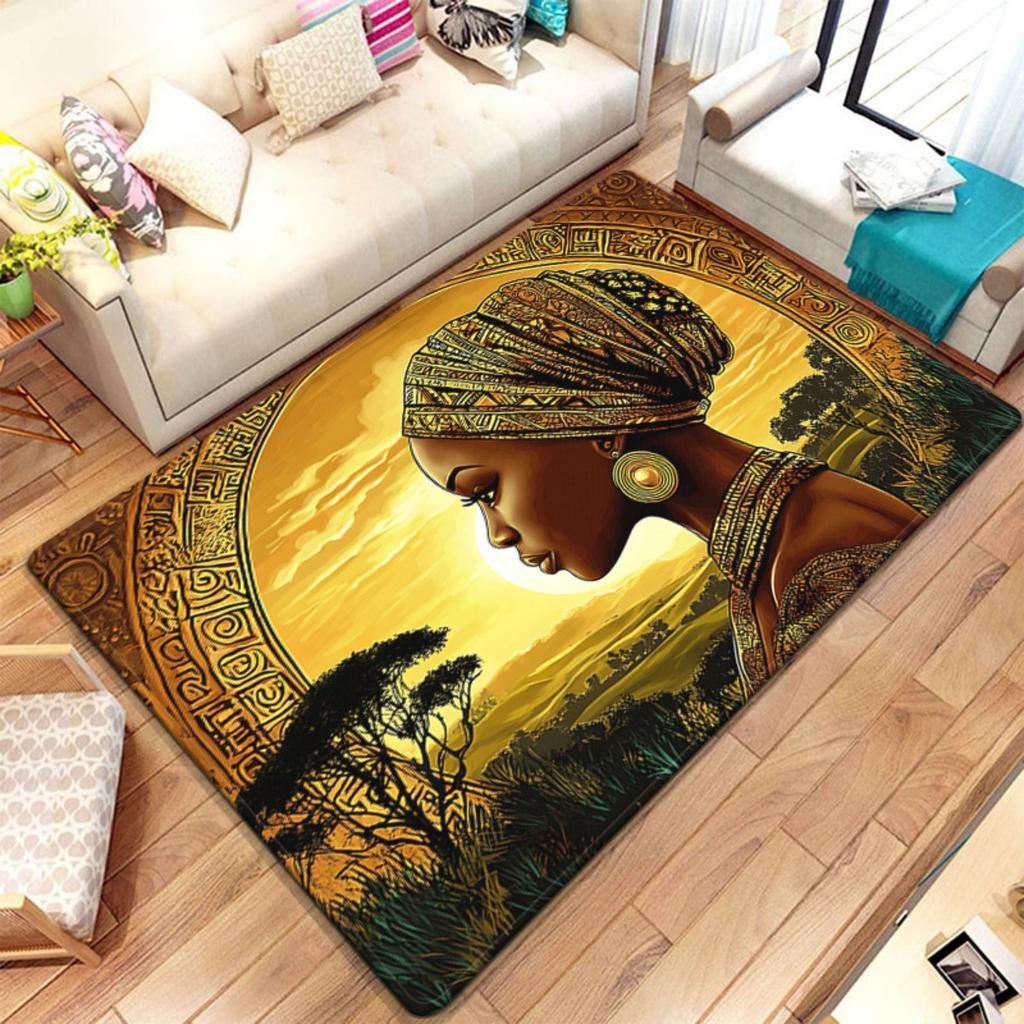 Afrikaanse vrouw zonsondergang landschap kristal fluweel tapijt cultureel kunst tapijt etnisch stammenontwerp woonkamer vloermat Afro-Amerikaans