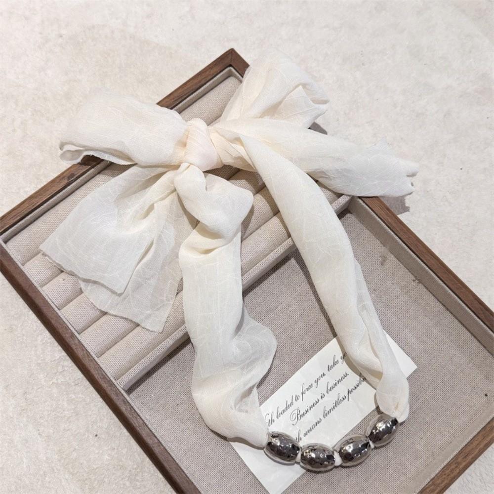 Elegant Beaded Silk Scarf Necklace Personality Ribbon Choker Lace-up Collarbone Chain Party