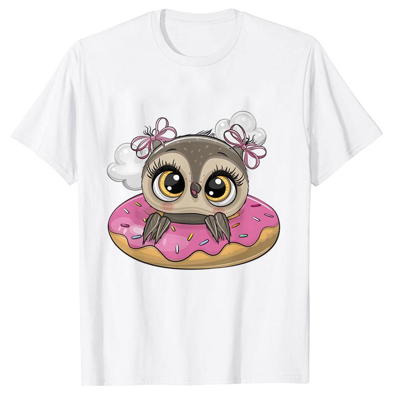 T-shirts for Women Harajuku Ulzzang Kawaii Tees Clothes Women Cartoon Owl with Donut Tops T Shirt Female Girls T-Shirt Clothes