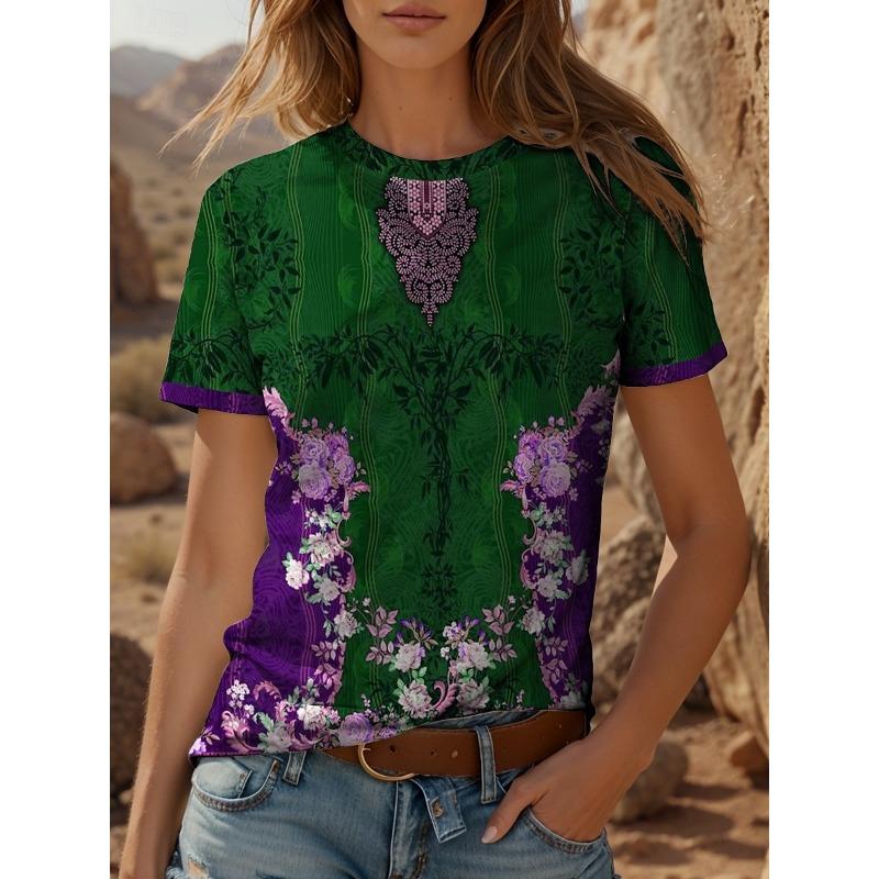 

Женская футболка с ретро цветочным принтом, летняя, свободная, повседневная, с коротким рукавом, топы, одежда. Множество стилей и размеров на выбор 6XL