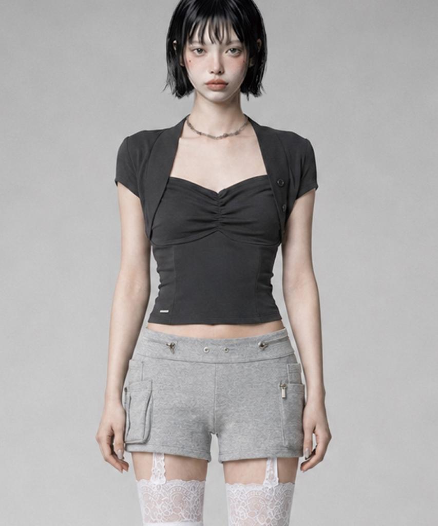 ETRE AU SOMMET Shirring Eyelet Bolero Top (Dark Gray)