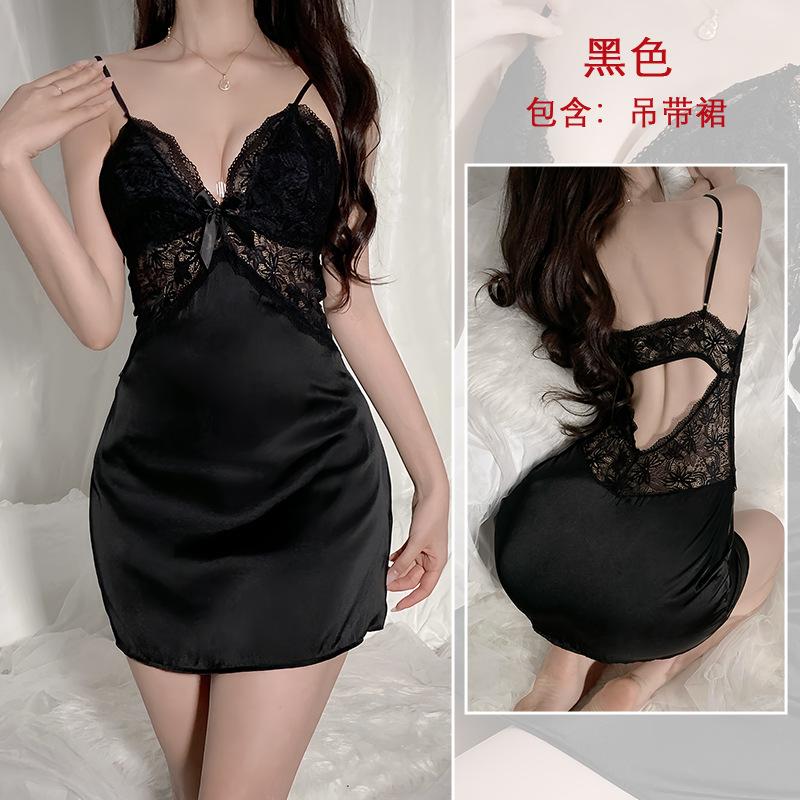 

Веселая женская сексуальная пижама с открытой спиной из ледяного шелка, кружевная юбка с подвязками, ночная рубашка L