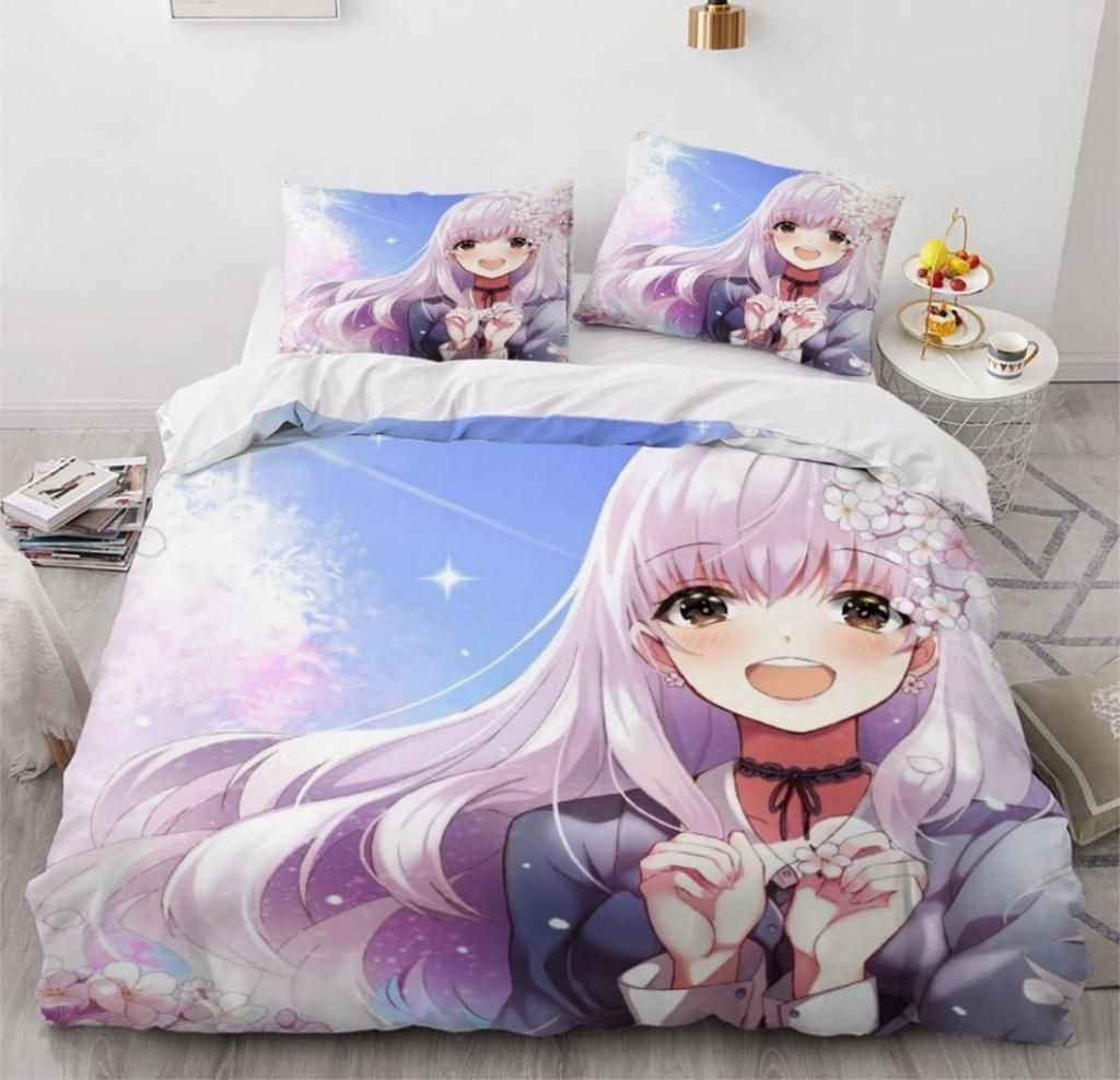 Anime Girl Cartoon Bed Linen Set 3-Piece 3D Print Anime Duvet Cover with Zip Microfibre Teenager Duvet Covers with 2 Pillowcases