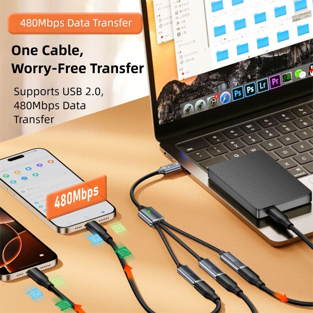 With Converter 3-in-1 USB Splitter Male To Female 480Mbps OTG Adapter Data Transfer Nylon Braided USB-C Hub Gamepad