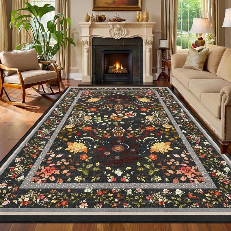 Beige Floral Living Room Carpet Bohemian Style Sofa Coffee Table Floor Mat Foldable Machine Washable Bedroom Bedside Soft Rug