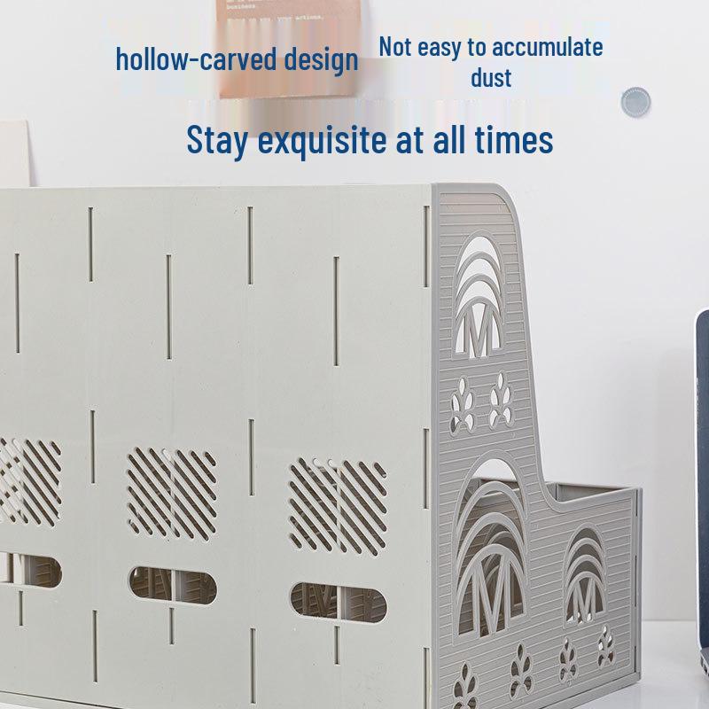 Six-Section Desktop File Organizer: Plastic File Rack & Pocket Holder with Logo Printing for Office Storage.