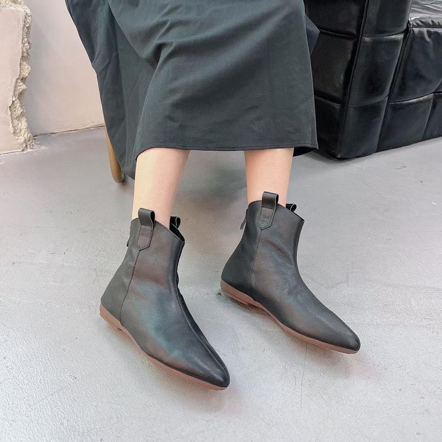 Johnature Retro Women Short Boots Genuine Leather Solid Color Shoes Handmade Round Toe Back Zipper Ankle Boots