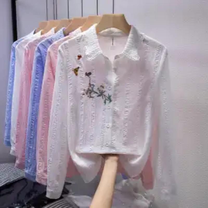 Womens Casual Embroidered Floral Long Sleeve Button Up Shirt S белый