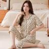 Light Luxury High-end Leopard Print Pajamas Women's Summer Cardigan Short-sleeved Middle-aged Loungewear Imitation Cotton Cropped Pants Set