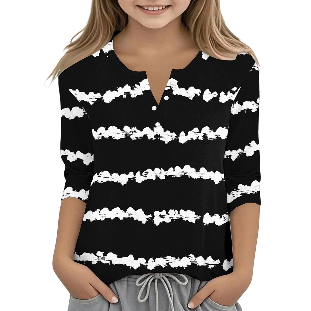 Print Tops For Youth Girls V Neck Button 3/4 Sleeves T-Shirts Trendy Tops Outfit Tees