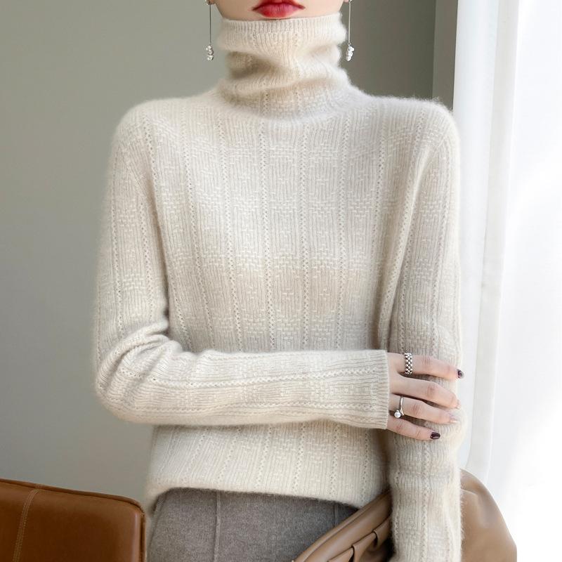 Zimní stylový žakárový svetr s hřejivým límcem pro ženy Měkký a poddajný k pokožce Kašmírový pletený svetr Módní a všestranné základní tričko